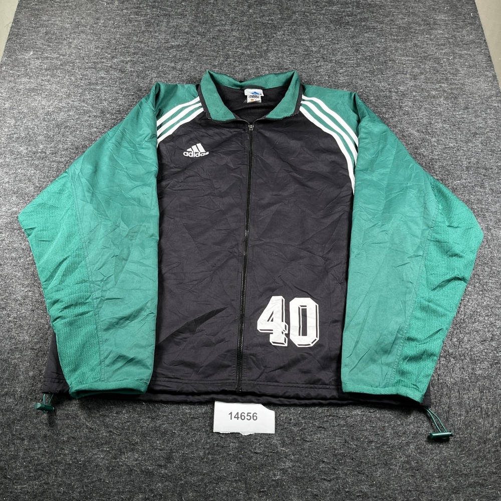 Adidas Track Jacket Mens XL Black Green Excellent Vintage Full Zip 3-Stripe